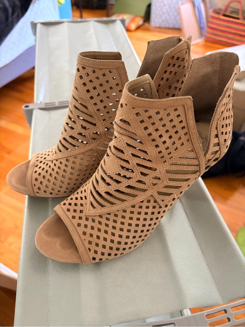 Vince Camuto Tan Suede Cutout Peep-Toe Heeled Booties